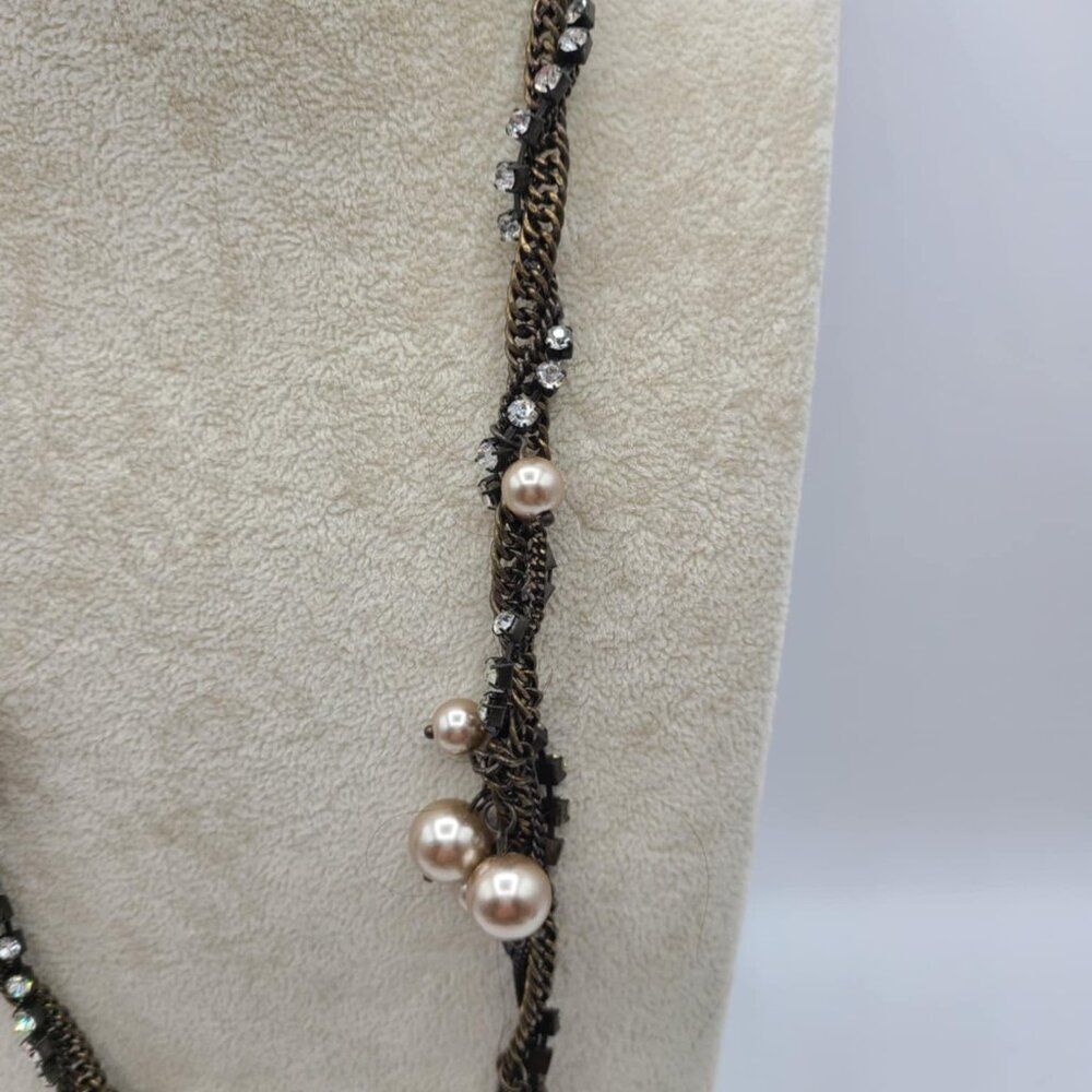J Crew Copperish Necklace with Faux Pearls and Clear Crystals - Picture 4 of 13